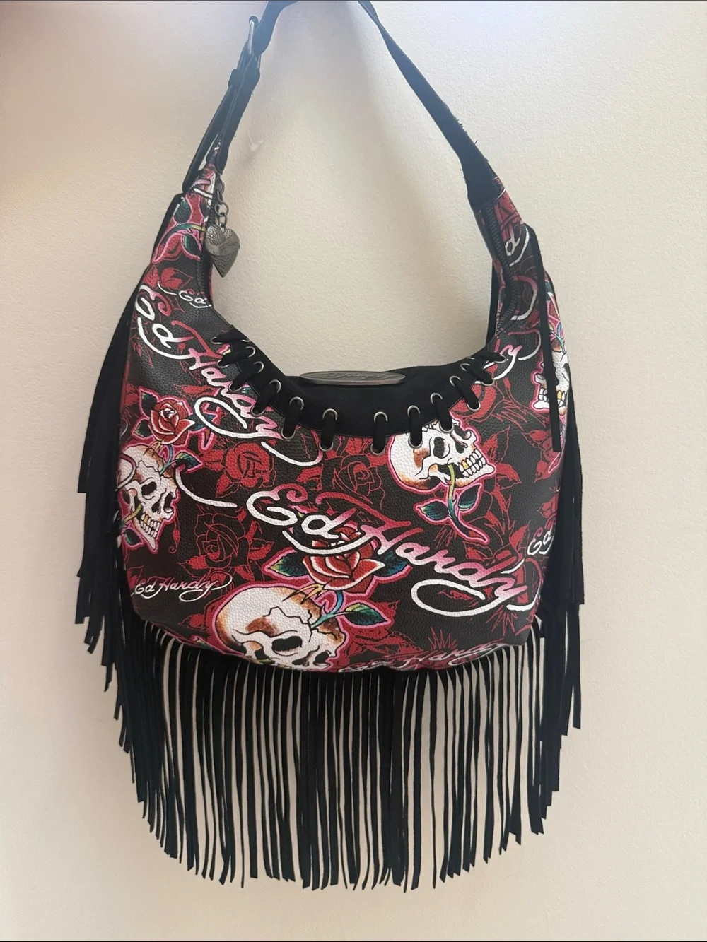 NWT Ed Hardy Skull & Rose Fringe Hobo